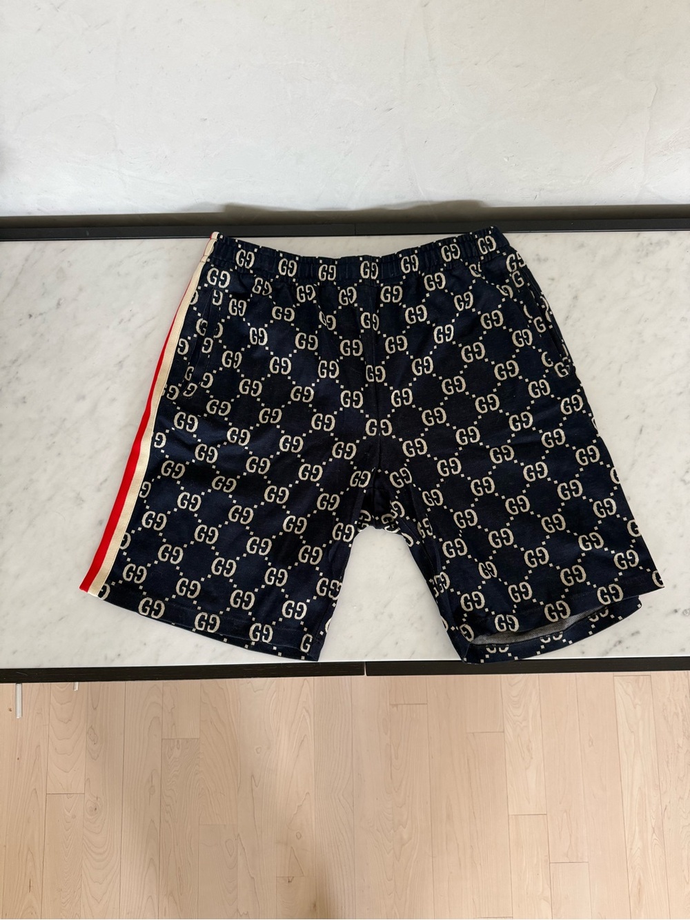 Gucci Navy GG Monogram Shorts with Red and White Side Stripe